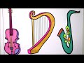 How to Draw and Color Barbie Fairy Girl and Musical Toy Instruments Coloring Drawing 2020