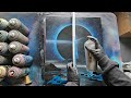 Blue Eclipse and Lighthouse Spray Paint Art