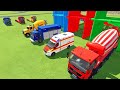 TRANSPORTING EXCAVATOR, MIXER TRUCK, BULLDOZER, POLICE CARS TO GARAGE WITH MAN TRUCK - FS22