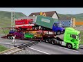 Double Flatbed Trailer Truck vs Speedbumps Train vs Cars | Tractor vs Train Beamng.Drive 050