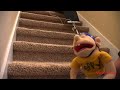 Jeffy rides a vacuum down the stairs