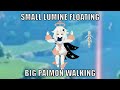 Small lumine floating big paimon walking