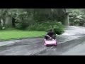 Guy crashes pink kid sized car with sound