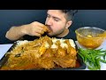 Asmr eating puri, chicken curry, chicken leg piece , green chilli with rice