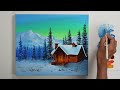 Winter Landscape Painting | Winter Night Cabin | Winter Acrylic Painting