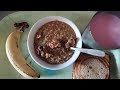 Healthy breakfast recipes, gud daliya with walnuts, cheese sandwich, banana, cold rooh afza milk.