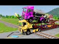 Double Flatbed Trailer Truck vs Speedbumps Train vs Cars | Tractor vs Train Beamng.Drive 055