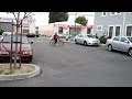 Puppy riding bicycle with dad