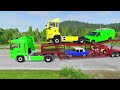 TRANSPORTING PIXAR CARS & FRUITS WITH COLORED & JOHN DEERE vs CLAAS vs TRACTORS - BeamNG.drive