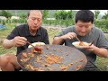 Stir-fried pork with Kimchi & Fried rice cooked on a cauldron lid - Mukbang eating show