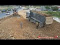 Shows Landfill Side Road Best Big Old Bulldozer Push Stones Into Water & Hyundai  Dump Trucks 24ton