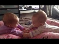 Twin babies talk and hold hands for the first time