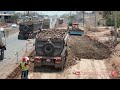Amazing Powerful Dump Trucks Pouring Soil & Bulldozer Pushing Soil Building Side Road Foundation
