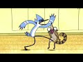 Mordecai punches and kicks Rigby in the balls