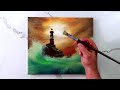 Step by step acrylic painting demonstration: Lighthouse and Ocean Waves at Sunset