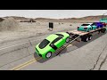 Flatbed Trailer Cars Transporatation with Truck - Pothole vs Car vs Train BeamNG.Drive #7