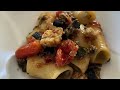 Paccheri con pomodorini del piennolo, pesce spada e melanzane