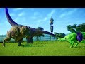 Hulk Indoraptor vs The Flash Acrocanthosaurus, Trex Pikachu Jurassic World Evolution Dinosaurs Fight