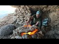 Building a Survival Shelter: Bushcraft Stone Hut with Fireplace in the Mountain/Outdoor Camping