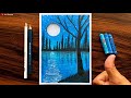 Easy Night Pond scenery drawing for beginners with Oil Pastels - step by step