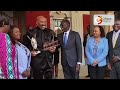 President William Ruto gifts Steve Harvey a sculpture of the Big Five at the Tyler Perry Studios