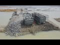 Wonderful Building Road On Water Construction By Bulldozer Pushing Stone with Truck Transport Stone