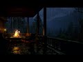 Cozy Rain & Fireplace Sounds - Heavy Rain & Thunder in Hidden Porch Inside the Forest