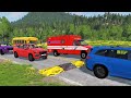 Flatbed Trailer Truck Rescue - Cars vs Rails - Speed Bumps - BeamNG.Drive #357