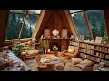 Rainy Wood Cabin in the Forest | Cozy Coffee Shop Ambience 🌨 Jazz Music for Study, Work and Sleep