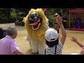 Lion dance (ball game) from Michijyunee parade attraction in Ryukyu Mura