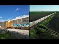 Split screen catch; simultaneous drone and ground views of a westbound BNSF autorack as dusk