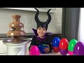 Elsa Vs Maleficent Real Life Disney Princess Movie + CHOCOLATE FOUNTAIN + Candy + 10 Surprise Eggs!