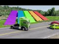 TRANSPORTING PIXAR CARS & FRUITS WITH COLORED & JOHN DEERE vs CLAAS vs TRACTORS - BeamNG.drive