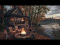 Tranquility and Peaceful on Lakeside with Relaxing Waves Sounds and Cozy Campfire