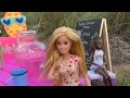 CAMP ! Elsa and Anna toddlers - camping - Barbie is counselor - outdoors activities