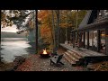 Peaceful Autumn in Porch Lakehouse Ambient | Lake Waves and Fire Pit for Study, Relax, Meditate