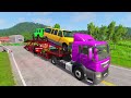 Flatbed Trailer Cars Transportation with Truck - Speedbumps vs Cars vs Train - BeamNG.Drive