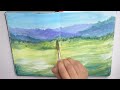 countryside gouache painting in sketchbook.