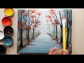 Como pintar paisagem de chuva com caminho de árvores / acrylic painting on canvas