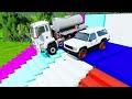 Flatbed Trailer Cars Transportation with Truck - Speedbumps vs Cars vs Train - BeamNG.Drive