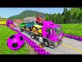 Flatbed Trailer Cars Transportation with Truck - Speedbumps vs Cars vs Train - BeamNG.Drive