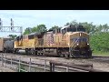 UP Busy morning Clinton, IA eight trains KCS, CN and Wabash Heritage Fifth St  May 22, 2021