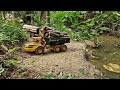 rc truck transporting wood on bad road, dangerous high slope, traffic accident